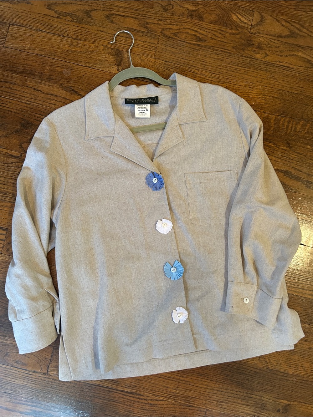 Flowy Linen Button-Front Blazer with Blue and White Floral Buttons